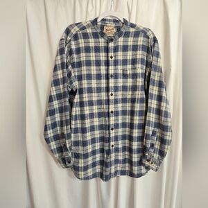 Woolrich Band Collar Blue Plaid Button Down 100% Cotton Shirt